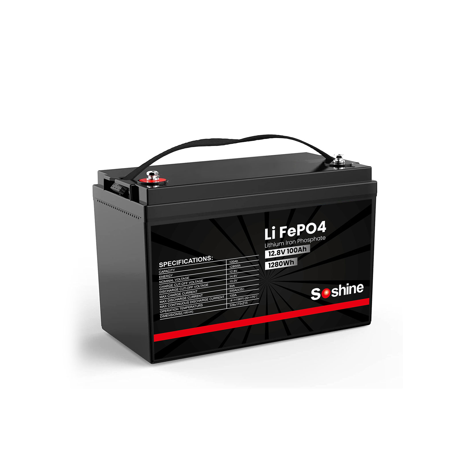 12V 100Ah 1.28kWh LiFePO4 Lithium Battery, Built-in 100A BMS, 1280W Power Output